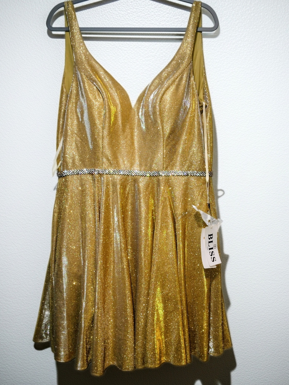 BLISS Cinderella Couture Gold Metallic Sparkly V-Neck Dress NWT